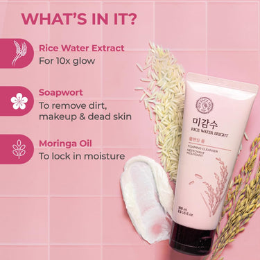 The Face Shop Rice Water Bright Foaming Face Wash 100ml | Face Wash for Glowing Skin | Cleanser for Uneven Skin Tone | Korean Skin Care, For Oily skin